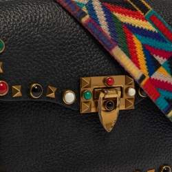 Pre Owned Valentino Black Grained Leather Guitar Rolling Rockstud Shoulder Bag