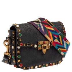 Pre Owned Valentino Black Grained Leather Guitar Rolling Rockstud Shoulder Bag