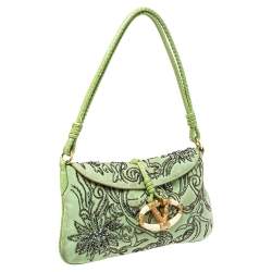 Pre Owned Valentino Apple Green Suede and Snakeskin Embellished VRing Flap Hobo