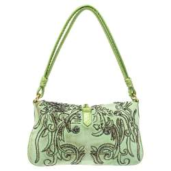Pre Owned Valentino Apple Green Suede and Snakeskin Embellished VRing Flap Hobo