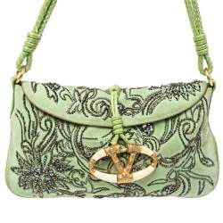 Pre Owned Valentino Apple Green Suede and Snakeskin Embellished VRing Flap Hobo
