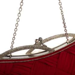 Pre Owned حقيبة كلتش فالنتينو مزخرف كريستال قفل متعاكس علوي سلسلة قماش مجدول أحمر