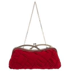 Pre Owned حقيبة كلتش فالنتينو مزخرف كريستال قفل متعاكس علوي سلسلة قماش مجدول أحمر