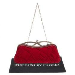Pre Owned حقيبة كلتش فالنتينو مزخرف كريستال قفل متعاكس علوي سلسلة قماش مجدول أحمر