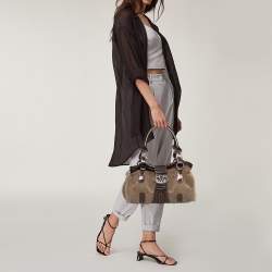 Pre Owned Valentino Beige/Metallic Shearling and Snakeskin VRing Flap Satchel