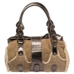 Pre Owned Valentino Beige/Metallic Shearling and Snakeskin VRing Flap Satchel