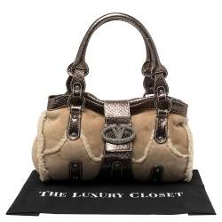 Pre Owned Valentino Beige/Metallic Shearling and Snakeskin VRing Flap Satchel