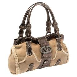 Pre Owned Valentino Beige/Metallic Shearling and Snakeskin VRing Flap Satchel