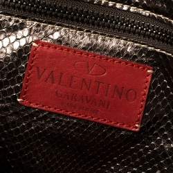 Pre Owned Valentino Beige/Metallic Shearling and Snakeskin VRing Flap Satchel