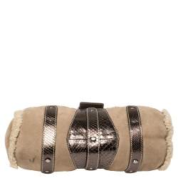 Pre Owned Valentino Beige/Metallic Shearling and Snakeskin VRing Flap Satchel