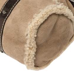 Pre Owned Valentino Beige/Metallic Shearling and Snakeskin VRing Flap Satchel