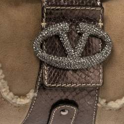 Pre Owned Valentino Beige/Metallic Shearling and Snakeskin VRing Flap Satchel