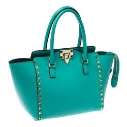 Pre Owned Valentino Green Leather Small Rockstud Trapeze Tote