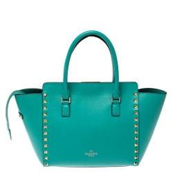Pre Owned Valentino Green Leather Small Rockstud Trapeze Tote