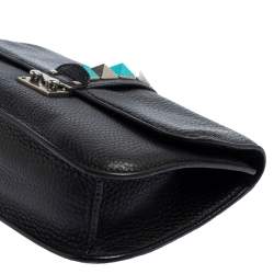 Pre Owned Valentino Black Grained Leather Rockstud Medium Glam Lock Flap Bag