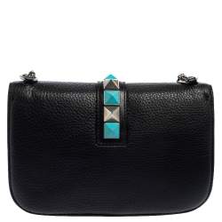 Pre Owned Valentino Black Grained Leather Rockstud Medium Glam Lock Flap Bag
