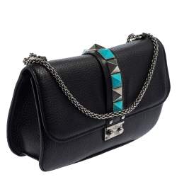 Pre Owned Valentino Black Grained Leather Rockstud Medium Glam Lock Flap Bag