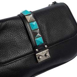 Pre Owned Valentino Black Grained Leather Rockstud Medium Glam Lock Flap Bag