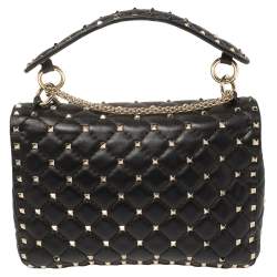 Pre Owned Valentino Black Quilted Leather Rockstud Spike Top Handle Bag