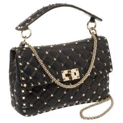 Pre Owned Valentino Black Quilted Leather Rockstud Spike Top Handle Bag