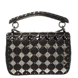 Pre Owned Valentino Black Metal Rhombus Leather Medium Rockstud Spike.It Chain Shoulder Bag