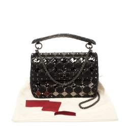 Pre Owned Valentino Black Metal Rhombus Leather Medium Rockstud Spike.It Chain Shoulder Bag