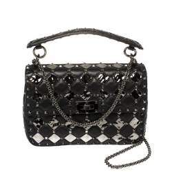 Pre Owned Valentino Black Metal Rhombus Leather Medium Rockstud Spike.It Chain Shoulder Bag