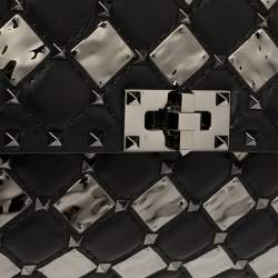 Pre Owned Valentino Black Metal Rhombus Leather Medium Rockstud Spike.It Chain Shoulder Bag