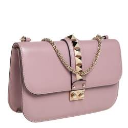 Pre Owned Valentino Pink Leather Medium Rockstud Glam Lock Flap Bag