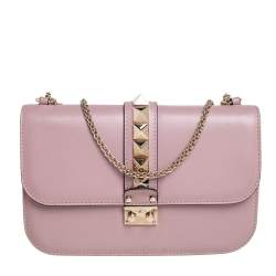 Valentino Pink/White Smooth Leather Rockstud Glam Lock Medium Flap Bag