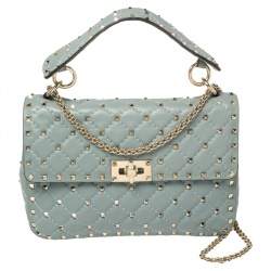 Pre Owned Valentino Blue Leather Medium Rockstud Spike Top Handle Bag