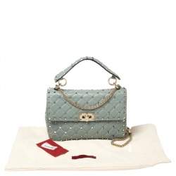 Pre Owned Valentino Blue Leather Medium Rockstud Spike Top Handle Bag