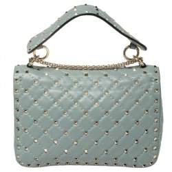 Pre Owned Valentino Blue Leather Medium Rockstud Spike Top Handle Bag