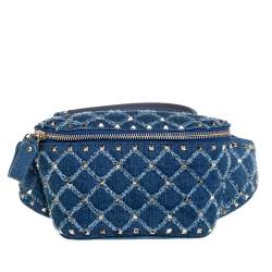 Pre Owned Valentino Blue Quilted Denim Rockstud Spike Belt Bag