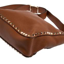 Valentino Brown Pebbled Leather Rockstud Flip Lock Messenger Bag