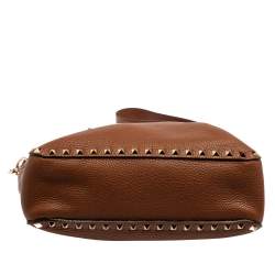 Valentino Brown Pebbled Leather Rockstud Flip Lock Messenger Bag