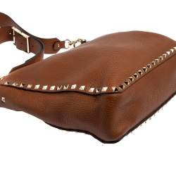 Valentino Brown Pebbled Leather Rockstud Flip Lock Messenger Bag
