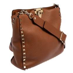Valentino Brown Pebbled Leather Rockstud Flip Lock Messenger Bag
