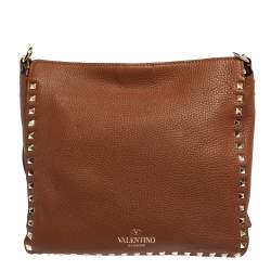 Valentino Brown Pebbled Leather Rockstud Flip Lock Messenger Bag