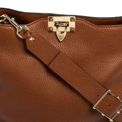 Valentino Brown Pebbled Leather Rockstud Flip Lock Messenger Bag
