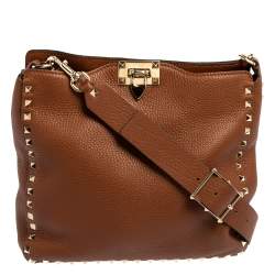 Valentino Brown Pebbled Leather Rockstud Flip Lock Messenger Bag