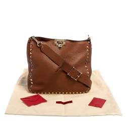 Valentino Brown Pebbled Leather Rockstud Flip Lock Messenger Bag
