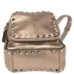 Pre Owned Valentino Metallic Beige Pebbled Leather Mini Rockstud Backpack