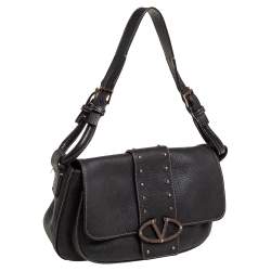 Pre Owned Valentino Dark Brown Pebbled Leather VRing Flap Hobo