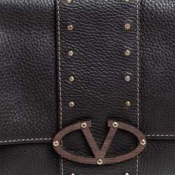 Pre Owned Valentino Dark Brown Pebbled Leather VRing Flap Hobo