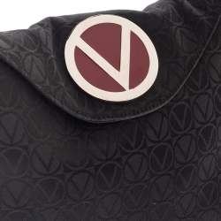 Pre Owned Valentino Black Monogram Canvas and Leather Round VRing Logo Baguette Bag