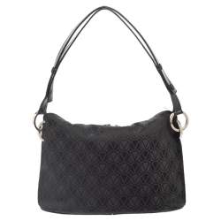 Pre Owned Valentino Black Monogram Canvas and Leather Round VRing Logo Baguette Bag