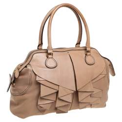 Valentino Beige Leather Ruffle Bowling Bag