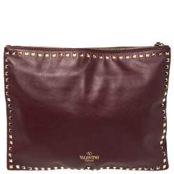 Pre Owned Valentino Burgundy Leather Rockstud Clutch