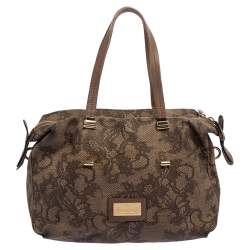 Pre Owned Valentino Beige Lace Print Coated Canvas Satchel Bag